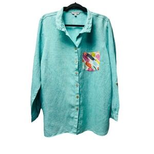 John Mark XL Linen Watercolor Artsy Tunic Blouse Coastal Beachy Festival Boho